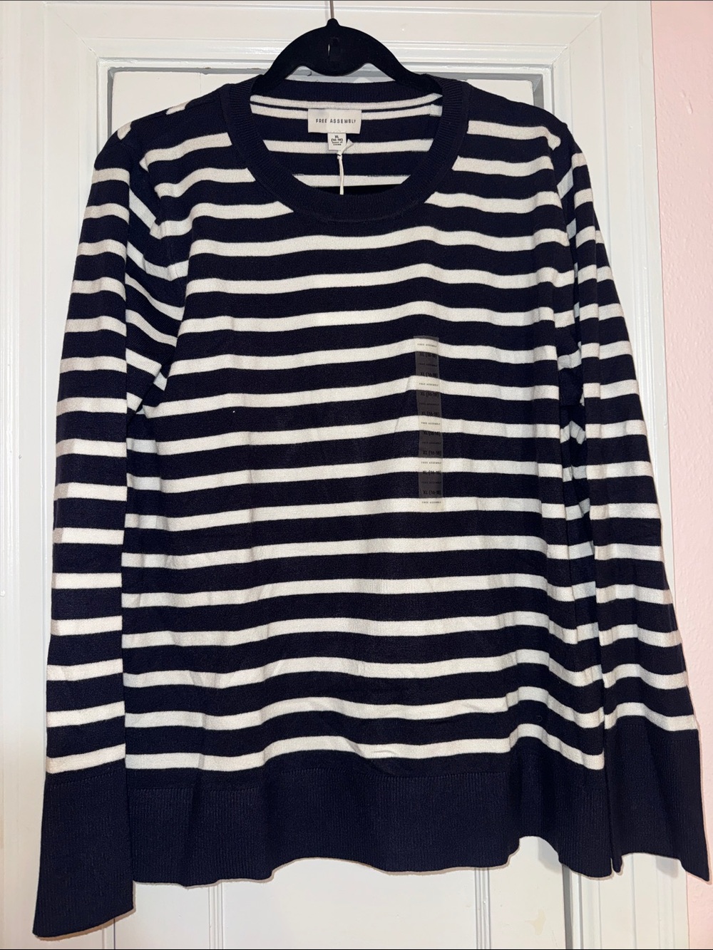 Navy and White Striped Long-Sleeve Crewneck Sweater